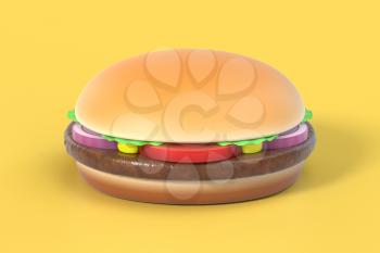 Fast food hamburger isolated on yellow background. American cuisine burger. Graphic design element for restaurant advertisement, menu, poster, flyer. 3D illustration