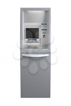 Atm machine isolated on white background, front view. Pin code safety, automatic banking, electronic cash withdrawal, bank account access concept. 3D illustration