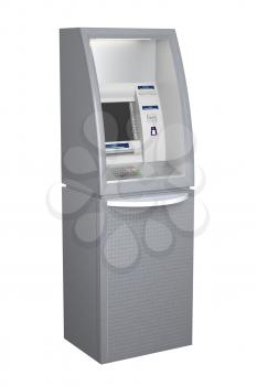 Atm machine isolated on white background, side view. Pin code safety, automatic banking, electronic cash withdrawal, bank account access concept. 3D illustration