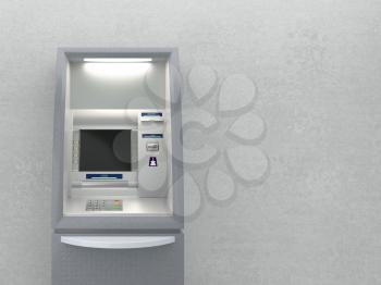 Atm machine with a card reader. Display screen, buttons, cash dispenser, receipt printer. Pin code safety, automatic banking, electronic cash withdrawal, bank account access concept. 3D illustration