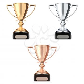 Set of trophies gold, silver, bronze. Trophy cup isolated on white background. Graphic design element. Victory, best product, service, employee, 1 place concept. Achievement in sports. 3D illustration