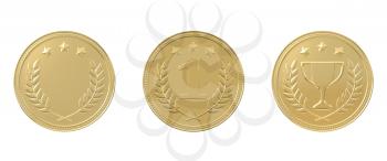 Set of 3 golden medals - with stars, trophy, 1st place and blank. Sports award, product ranking, best price, first place concept. Graphic design elements isolated on white background. 3D illustration
