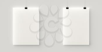 Set of 2 blank posters hanging on a thread with black clips. Empty paper sheet against a concrete wall mock up scene. Urban minimalistic style portfolio, gallery presentation concept. 3d illustration