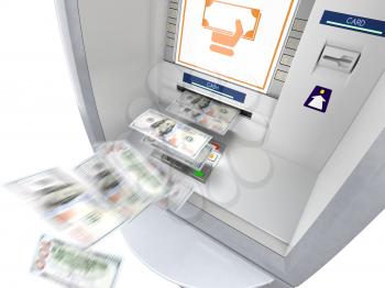 ATM machine with money banknotes flying out. Winning lottery, easy money, free gifts, get rich fast, lucky, bonus or extra income concept. Isolated on white background. 3D illustration