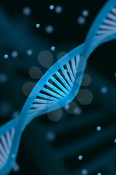 DNA chain macroshot. Highly detailed render. Blue color. Scientific background or medical backdrop. Great for poster, book cover, flyer or folder. Shallow DOF. 3D illustration