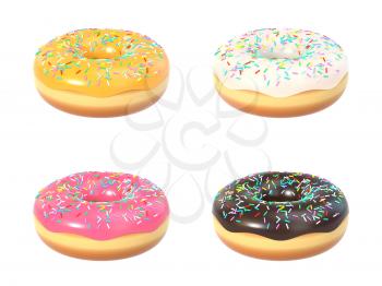 Delicious donut with sprinkle, sweet icing set. Macro view of american dessert isolated on white background. Graphic design element for bakery flyer, poster, advertisement, scrapbook. 3D illustration