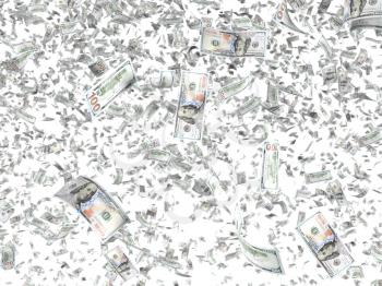 Falling banknotes isolated on white background. Money shower, winning lottery, cashback payment, finance success concept. Graphic design element for flyer, poster, website pattern. 3D illustration