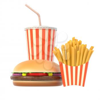 Fast food set on yellow background with shadow. Hamburger, french fries and cola in generic package with stripes. Graphic design element for restaurant advertisement, menu or poster. 3D illustration