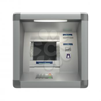 Atm machine with a card reader. Display screen, buttons, cash dispenser, receipt printer. Pin code safety, automatic banking, electronic cash withdrawal, bank account access concept. 3D illustration