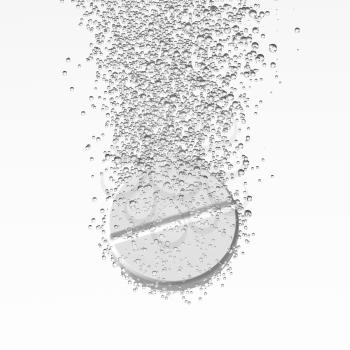 Effervescent medicine. Fizzy tablet dissolving. White round pill falling in water with bubbles. White background. 3D illustration