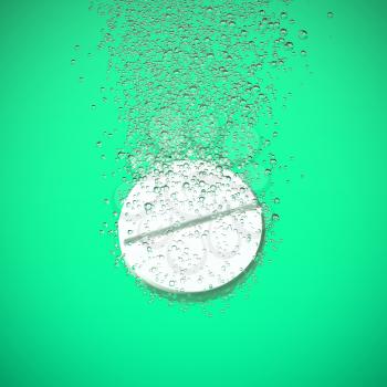 Effervescent medicine. Fizzy tablet dissolving. White round pill falling in water with bubbles. Green background. 3D illustration