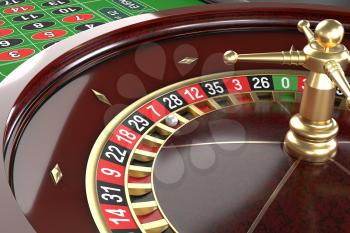 Casino roulette background. Close up of a roulette betting game. Luxury, good time, gaming addiction concept. Graphic design element for flyers, invitations, posters, articles. 3D illustration.