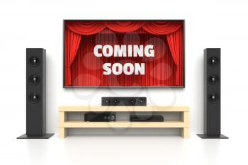 Coming Soon poster. Home cinema set with large lcd tv panel with theater curtains, music speakers, video player. Revealing new tv show, sale advertisement, movie presentation, concept. 3D illustration