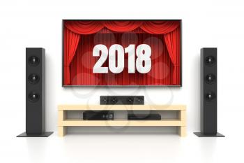 New Year 2018. Home cinema set with large lcd tv panel with theater curtains, music speakers, video disc player. Revealing new tv show, sale advertisement, movie presentation, concept. 3D illustration