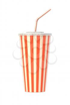 Fast food cola drink cup, drinking straw. Generic striped beverage package isolated on white background. Graphic design element for restaurant advertisement, menu, poster, flyer. 3D illustration