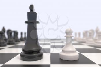 Two chess pieces on a chessboard. Black and white kings facing each other. Competition, discussion, agreement or opposition and confrontation concept.