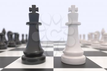 Two chess pieces on a chessboard. Black and white kings facing each other. Competition, discussion, agreement or opposition and confrontation concept. 3D illustration