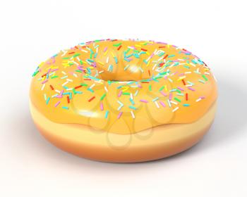 Delicious colorful donut with icing and sprinkles. Macro view of american dessert on white background. Graphic design element for bakery flyer, poster, advertisement, scrapbooking. 3D illustration.