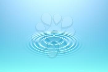 Water drop, rain drop falling on water surface. Liquid round ripple splashing with reflection. Graphic design element for poster, package, flyer. Abstract new age spiritual background, 3D illustration