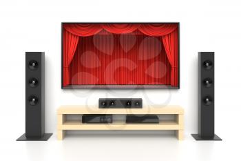 Home cinema set with large lcd tv panel with theater curtains, music speakers, video disc player. Movie presentation, blockbuster, revealing new tv show, sale advertisement concept. 3D illustration