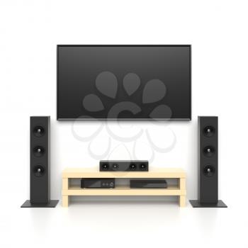Home cinema set with large lcd tv panel, music speakers, video disc player, amplifyer. Living room interior concept. Graphic design element for movie advertisement, multimedia system sale. 3D illustration