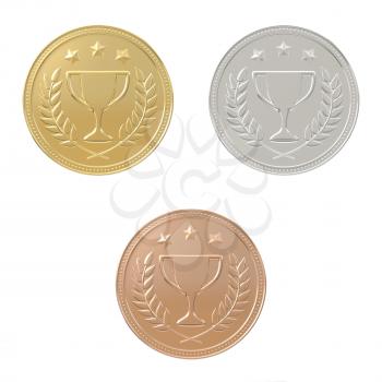 Gold, silver, bronze medals set. 1st, 2nd, 3rd place. Sports award, product ranking, best price, first place concept. Graphic design elements isolated on white background. Realistic 3D illustration