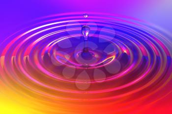 Colorful liquid drop or paint drop falling on color surface. Rainbow colored ripple splash of dye, macro image. Graphic design element for poster, package, flyer. Abstract background, 3D illustration