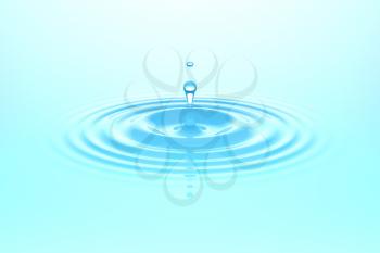 Water drop or rain drop falling on water surface. Liquid ripple splash in sunlight with reflection, macro image. Graphic design element for poster, package, flyer. Abstract background, 3D illustration