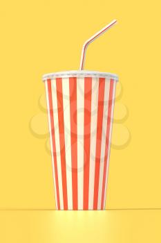 Fast food cola drink cup, drinking straw. Generic striped beverage package on yellow background with shadow. Graphic design element for restaurant advertisement, menu, poster, flyer. 3D illustration