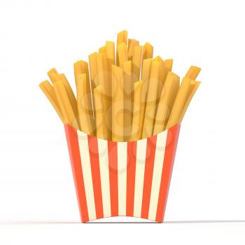 Fast food french fries in a container. Generic striped fried potato chip package isolated on white background. Graphic design element for restaurant advertisement, menu, poster, flyer. 3D illustration
