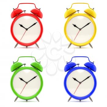 Set of 4 alarm clocks isolated on white background. Vintage style red, blue, green, yellow clock. Graphic design element for flyer, poster, sale. Deadline, wake up, happy hour concept. 3D illustration