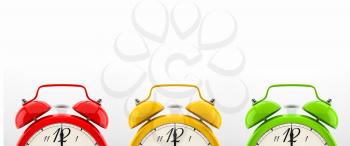 Set of 3 alarm clocks isolated on white background. Vintage style red, yellow, green clock. Graphic design element for flyer, poster, sale. Deadline, wake up, happy hour concept. 3D illustration