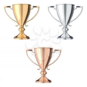 Set of trophies gold, silver, bronze. Trophy cup isolated on white background. Graphic design element. Victory, best product, service, employee, 1 place concept. Achievement in sports. 3D illustration