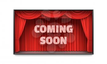 Coming Soon poster with red stage curtains revealing a message. Cable tv show advertisement, blockbuster movie premiere, party invitation poster, new product flyer concept. 3D illustration
