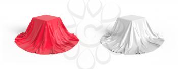 Set of boxes covered with red and white satin fabric. Isolated on white background. Surprise, award, prize, presentation concept. Reveal the hidden object. Raise the curtain. 3D illustration