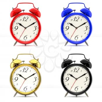 Set of 4 alarm clocks isolated on white background. Vintage style red, blue, black, golden clock. Graphic design element for flyer, poster, sale. Deadline, wake up, happy hour concept. 3D illustration