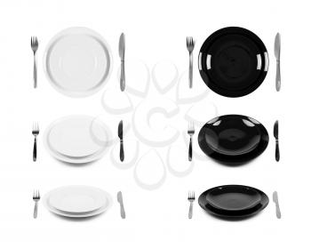 Two sets of white and black plates with fork and knife in three different views, isolated on white background. Graphic design element for catalog, advertisement, website, flyer, poster.