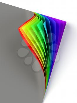Blank dark colored document with rainbow curled corner. Poster with turning corner, colors, shadow. Diversity, love, equity, all colors of the rainbow concept. Graphic design element. 3D illustration