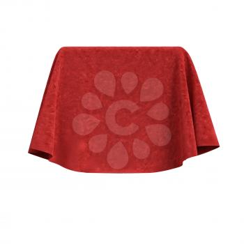 Box covered with red velvet fabric. Isolated on white background. Surprise, award, prize, presentation concept. Reveal the hidden object. Raise the curtain. Photo realistic 3D illustration.
