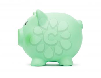 Green ceramic piggy bank, isolated on white background. Ecology investment, money for sustainable green energy, saving on costs, save the Earth concept.