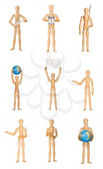 Set of wooden mannequins in different poses isolated on white background. Holding syringe, alarm clock, envelope, paint brush, Earth globe. Graphic design element for poster, flyer, advertisement.