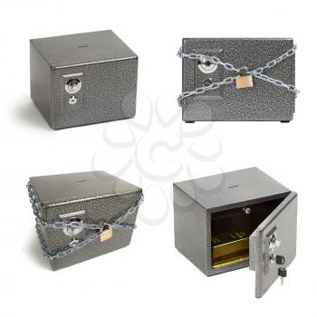Safe boxes set isolated on white background. Closed safe, secured with chains and lock, open safe with golden bar inside. Financieal security, bank deposit, pension, savings concept.