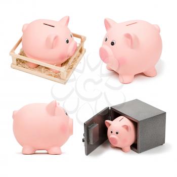 Set of pink ceramic piggy banks, isolated on white background. Side view, piggy in cage, piggy bank in a safe. Deposit security, bank investment, money concept. Graphic design elements for poster, flyer, advertisement