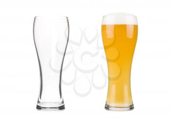 Two beer glasses isolated on white background. Mug filled with blond beer with bubbles and foam and an empty mug. Graphic design element for brewery ad, beer garden poster, flyers, printables.