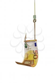 Euro bill on fishing hook, isolated on white background. Catching cash, investment, winning a lottery concept. 3D illustration