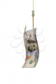 Dollar bill on fishing hook, isolated on white background. Catching cash, investment, winning a lottery concept. 3D illustration