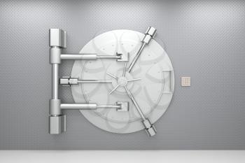 Bank vault door. Closed safe. Safety, insurance and security of savings and investments concept. Protection against robbery and breaking in.