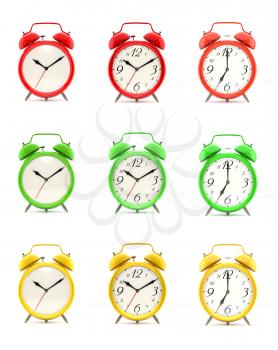 Set of nine vintage alarm clocks in green, red and yellow, with and without numbers, isolated on white background. 3D illustration