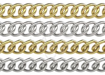 Seamless golden and silver curb chains isolated on white