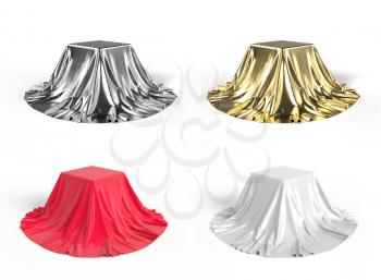 Set of boxes covered with red, white,golden and silver satin fabric. Isolated on white background. 3D illustration